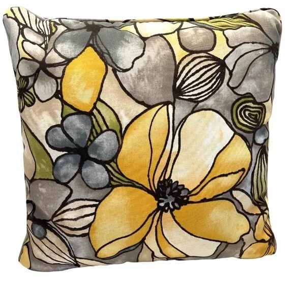 16" Modern Floral Throw Pillow Yellow Gray Black Flower Cotton Square Cushion - Picture 5 of 6